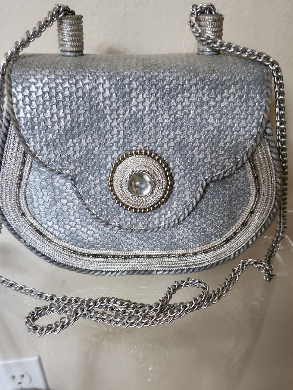 Silver Textured Crossbody Bag with Crystal Medallion